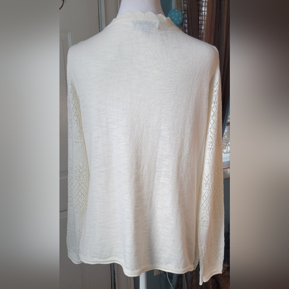 Frye Pointelle V Neck Cardigan Sweater Womens L Ivory Cottagecore 100% Cotton - Picture 3 of 11